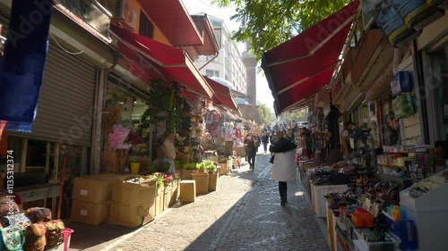 sunny day istanbul city world famous market street slow motion walking panorama 4k turkey  
