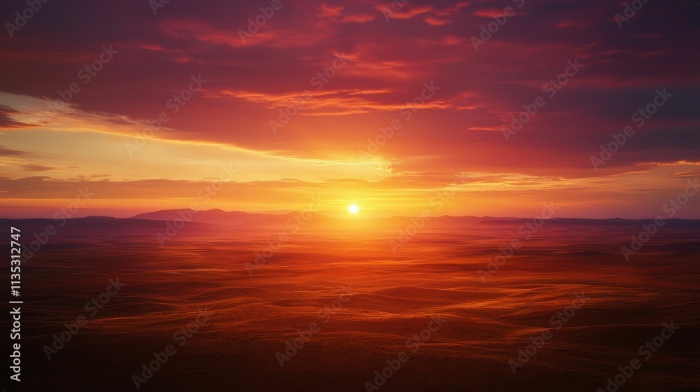 Fototapeta premium Crimson sunset over rolling hills, fiery sky.