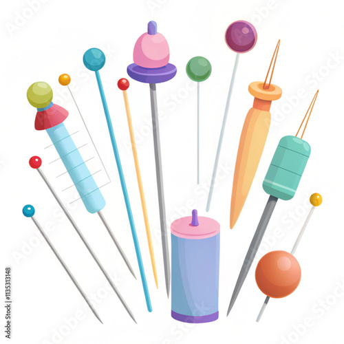 Color Sewing Needles or Pin Set Equipment for Seamstresses Different Types Set vector .illustration vector isolated with white background.