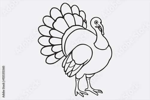 A black and white line art illustration of a turkey standing upright.