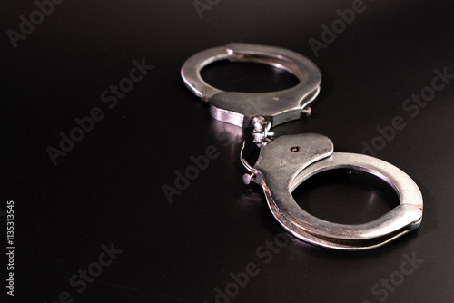 Pair of handcuffs used by law enforcement to arrest criminals on a black background. Justice or catching a guilty criminal concept. photo