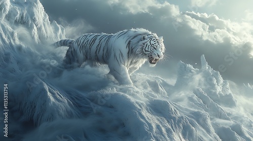 A white tiger roaring on a snowy hill surrounded by swirling icy winds and frost photo
