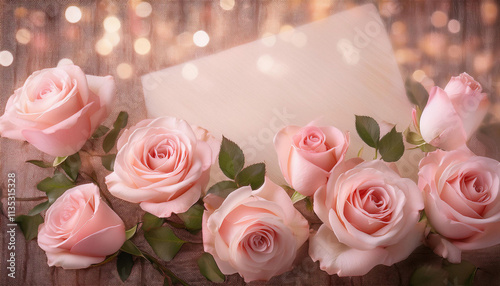 Delicate pink roses with fresh green leaves are arranged alongside a white blank card against a backdrop of soft, glowing bokeh lights.