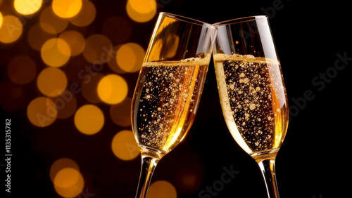 Two glasses of champagne on festive New Year background. Greeting card, invitation. Festive concept of Christmas and New Year. Copy-space.