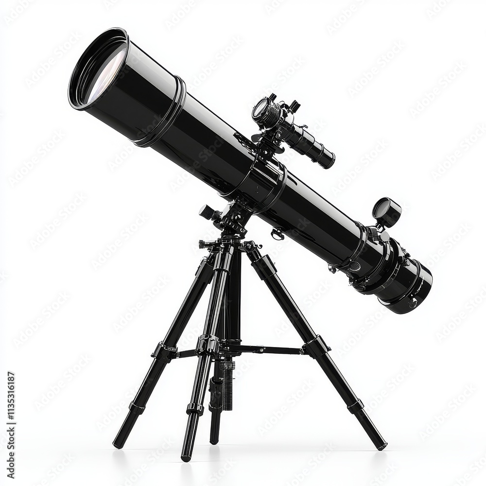 Isolated on a transparent background, a black tripod telescope is displayed. Isolated on a transparent background, a black tripod telescope is displayed.