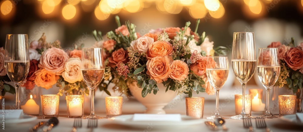 Romantic wedding table setting with peach roses, candles, and champagne flutes. Romantic wedding table setting with peach roses, candles, and champagne flutes.