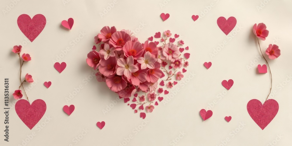 Fototapeta premium Delicate floral heart pattern on textured paper background, blossom, cute