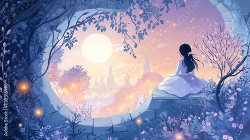 Children’s Book Style Illustrations of Dreamy Scenes with Moonlit Forests and Princesses