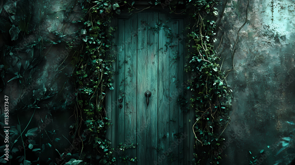 Old door covered in green vines and moss, greenery, front doors, overgrowth. Overgrowth. Illustration Old door covered in green vines and moss, greenery, front doors, overgrowth. Overgrowth. Illustration