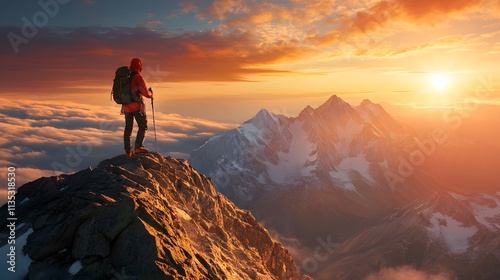 Portrait of an experienced mountaineer on the summit of mountain