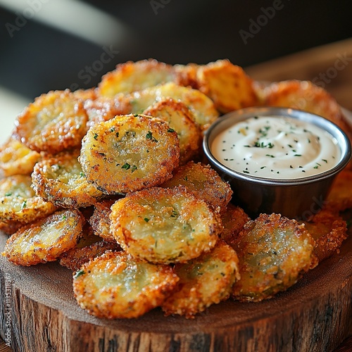 This professional photo showcases fried pickles on a stylish plate, highlighting their golden-brown crust and tangy taste, embodying a relaxed pub atmosphere with a dipping sauce.

