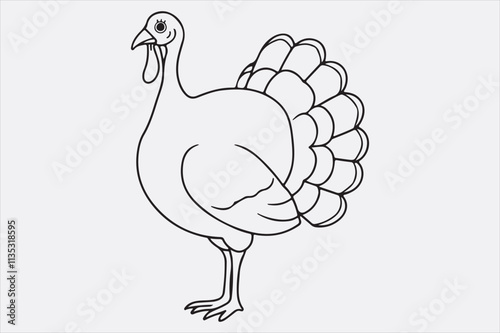 A black and white line art illustration of a turkey standing upright.