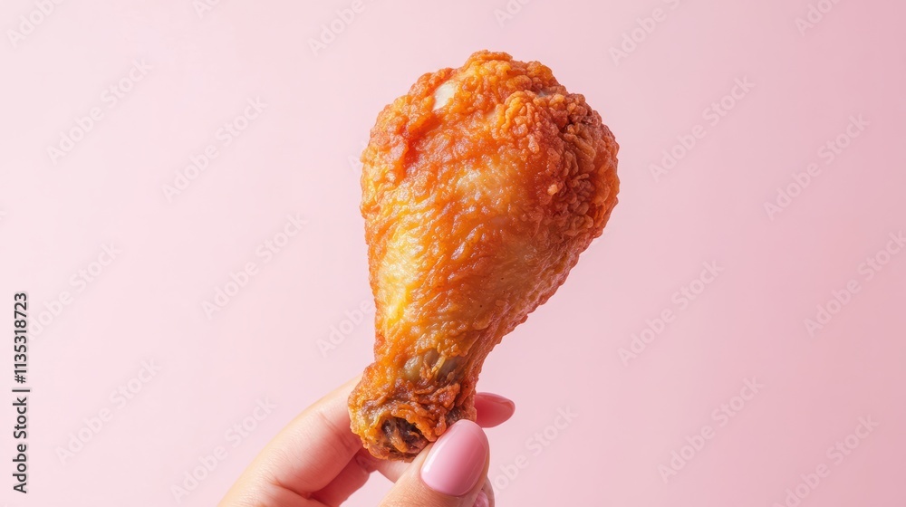 Hand holding a fried chicken drumstick, focus on, fast food and convenience culture, pastel pink background, realistic, fusion, restaurant counter backdrop Hand holding a fried chicken drumstick, focus on, fast food and convenience culture, pastel pink background, realistic, fusion, restaurant counter backdrop