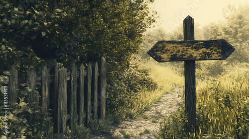 An old wooden arrow-shaped signpost leaning against a wooden fence post, with a rustic gate and overgrown vegetation nearby , fence, rustic, rural scenery. Overgrowth. Illustration photo