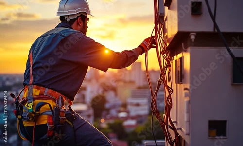 Lone worker in safety harness inspecting telecommunications equipment at sunset.