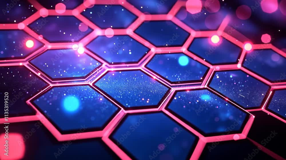 Futuristic abstract hexagonal pattern with neon pink and blue glow, representing technology, innovation, and modern digital design in a high-tech context
