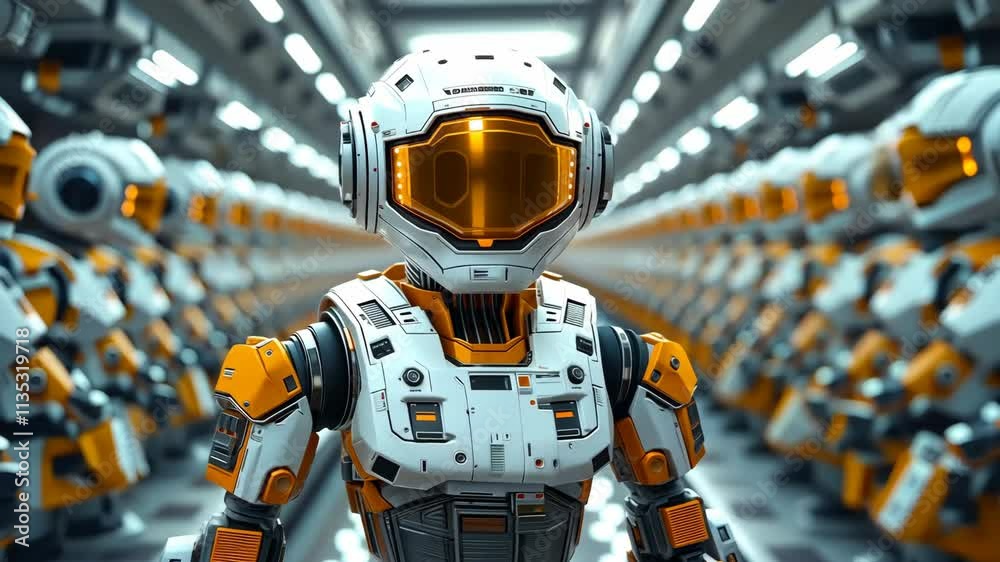 Close-up of an advanced humanoid robot with orange and white design in a futuristic factory environment, representing AI technology, automation, and modern innovation