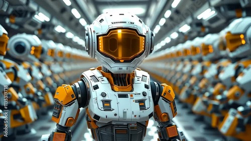 Wallpaper Mural Close-up of an advanced humanoid robot with orange and white design in a futuristic factory environment, representing AI technology, automation, and modern innovation Torontodigital.ca