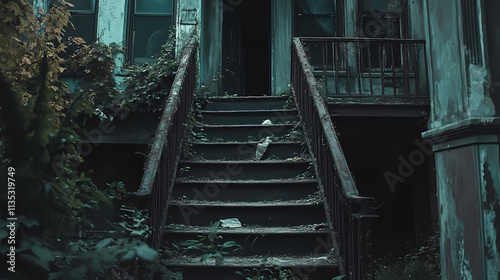 Closeup set stairs leading creepy house great brooklyn background depressing deserted frightful pro blurry lifelike overgrowth balconies. Overgrowth. Illustration