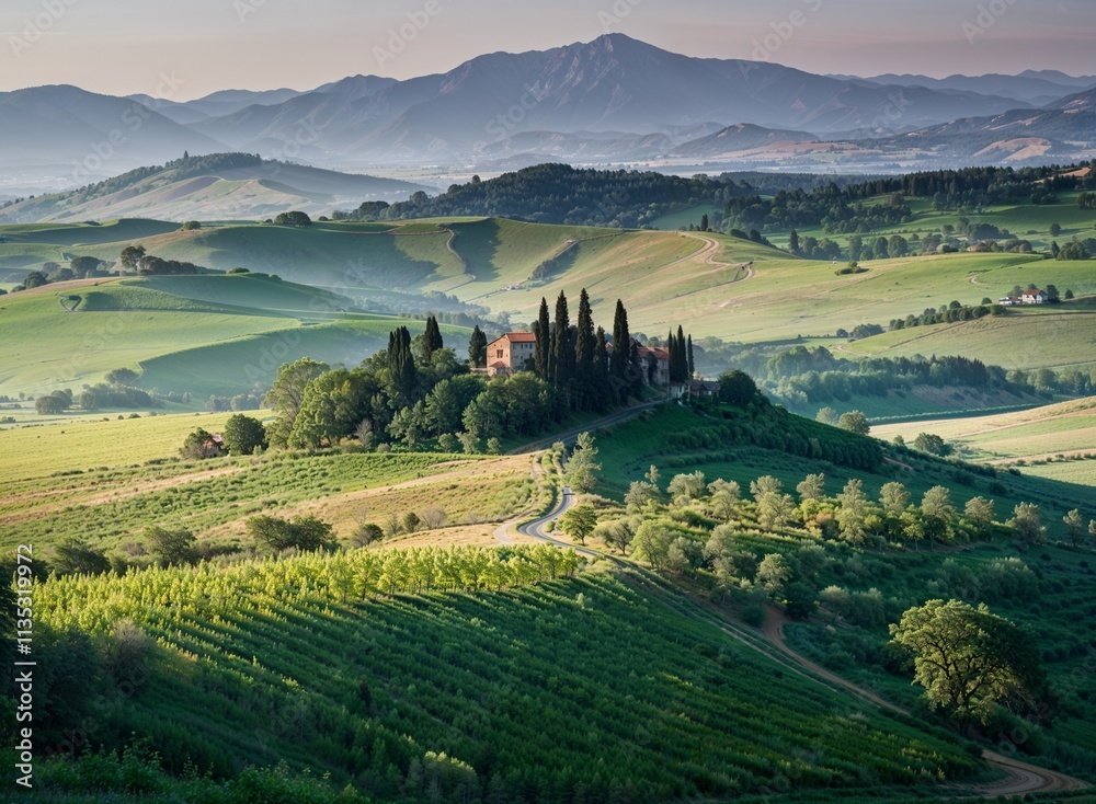 Fototapeta premium Breathtaking view of a Tuscan villa nestled among hills and vineyards in the early morning light