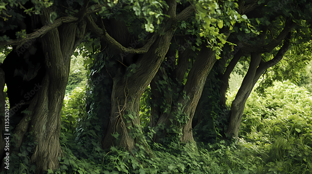 Dense undergrowth with thick vines and creepers snaking up the trunks of ancient trees, ancient, overgrowth. Overgrowth. Illustration Dense undergrowth with thick vines and creepers snaking up the trunks of ancient trees, ancient, overgrowth. Overgrowth. Illustration