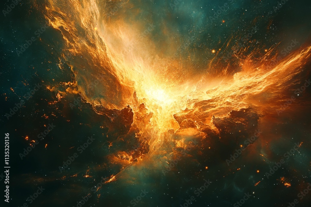 Fototapeta premium Fiery cosmic nebula, glowing orange, dark space.