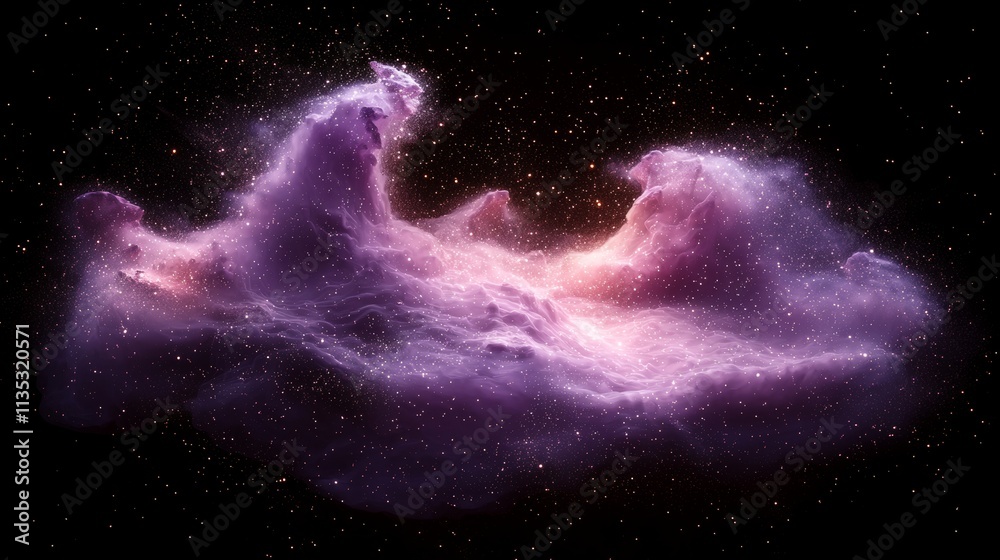 A three-dimensional depiction of a cosmos with a galaxy, stars, and vibrant nebula set against a dark, starry sky. A three-dimensional depiction of a cosmos with a galaxy, stars, and vibrant nebula set against a dark, starry sky.