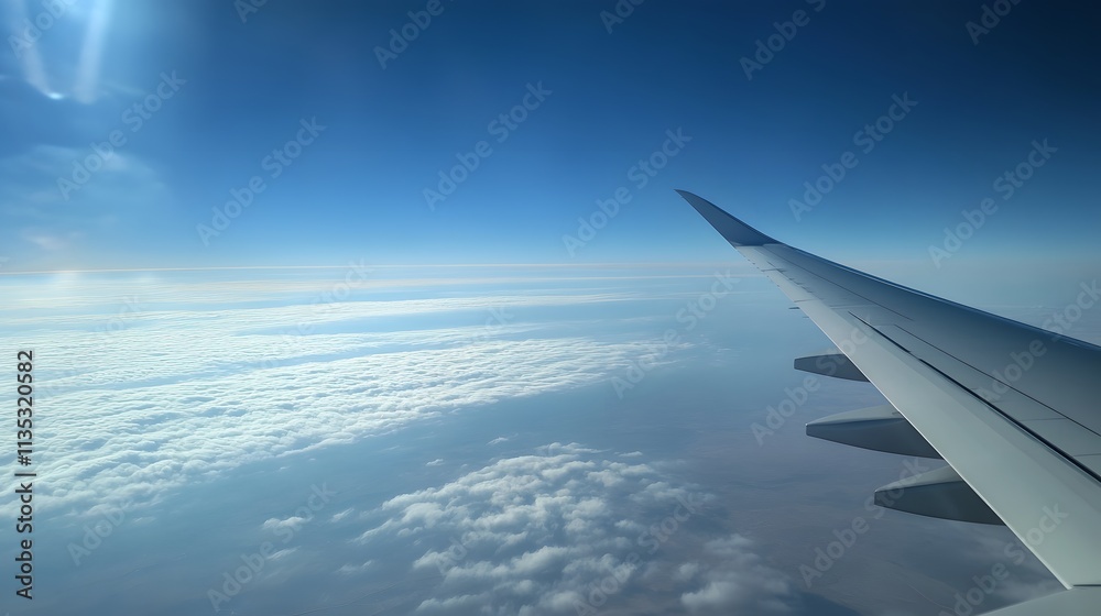 Fototapeta premium Airplane Wing Above Cloudscape Scenic Flight View