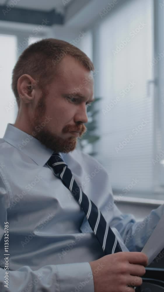 In bright office, financial manager sits in chair in front of PC monitor and analyzes financial reporting documents. Screen displays investment charts and commercial data. Vertical shot. In bright office, financial manager sits in chair in front of PC monitor and analyzes financial reporting documents. Screen displays investment charts and commercial data. Vertical shot.