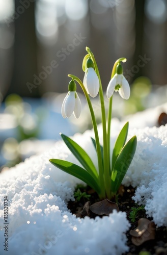 of snowdrops among the remains of unmelted snow in a clearing in the morning forest, thaw photo