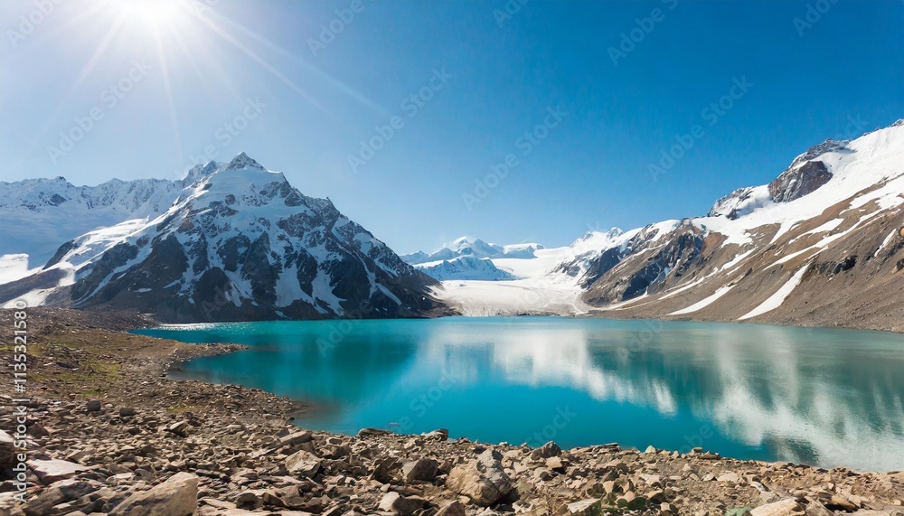 Obraz premium Crystal Clear Glacier Lake Surrounded by Snowy Peaks Under Bright Blue Sky