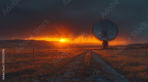 A large parabolic antenna under a dramatic sky, symbolizing technology, communication, satellite reception, and dish.