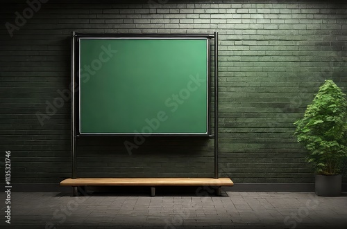 empty green board on a black brick wall, copy space photo