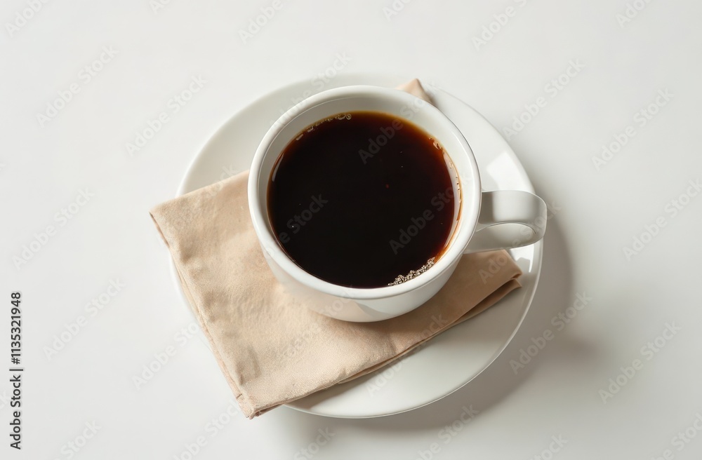 Hot espresso in white cup with beige napkin on the white, light background, morning routine, poster, top view, close up Hot espresso in white cup with beige napkin on the white, light background, morning routine, poster, top view, close up