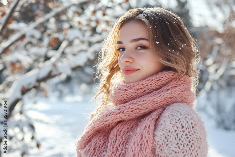 Woman strolls through snowy landscape wearing a pink scarf on a winter day