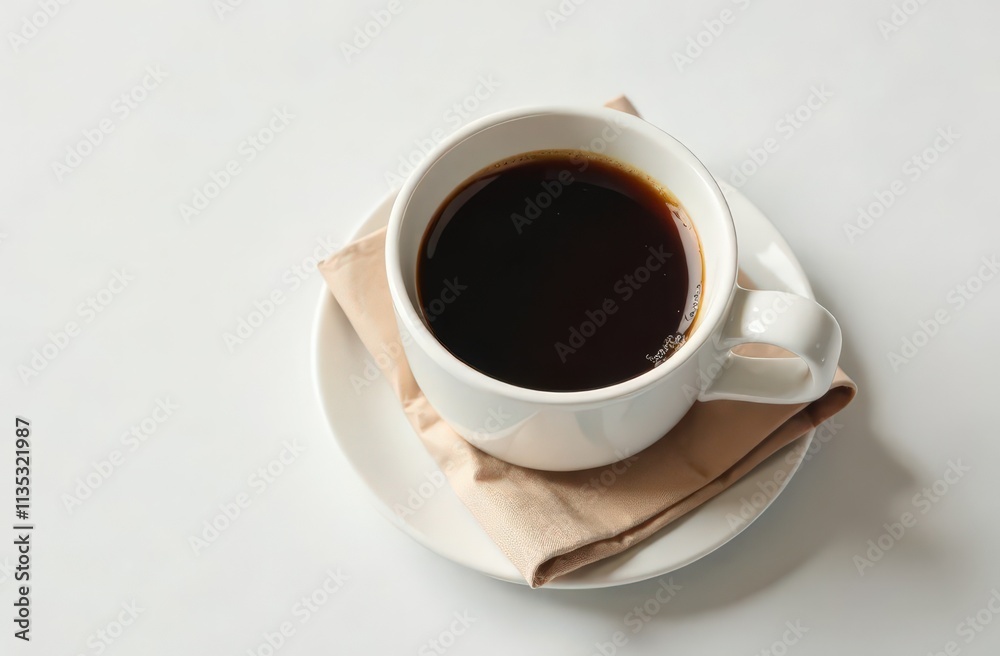 Hot espresso in white cup with beige napkin on the white, light background, morning routine, poster, top view, close up Hot espresso in white cup with beige napkin on the white, light background, morning routine, poster, top view, close up