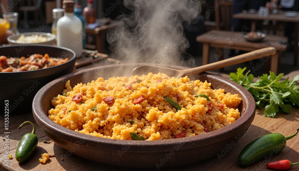 Steaming Mexican rice with vegetables, colorful and aromatic, served in a clay bowl at an outdoor gathering
Steaming Mexican rice with vegetables, colorful and aromatic, served in a clay bowl at an outdoor gathering