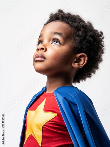 A cute 5 year old african american child, wearing a superhero costume, all red, with a yellow star on the chest, and blue cape