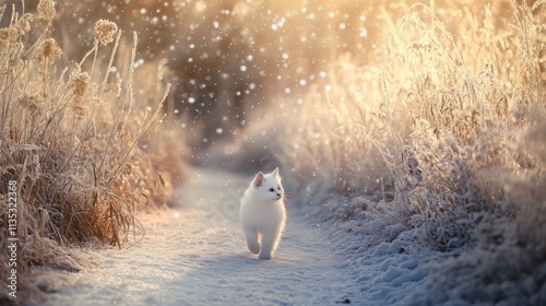 Turkish Angora walking along snowy path under falling snowflakes photo