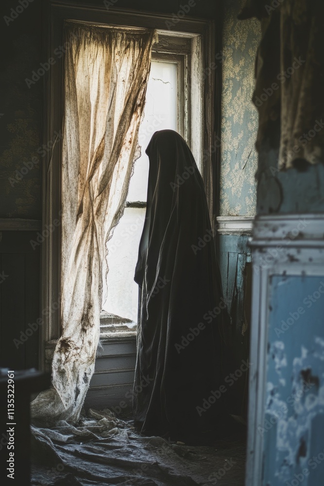 Dark figure, tattered curtain, decaying room. Dark figure, tattered curtain, decaying room.