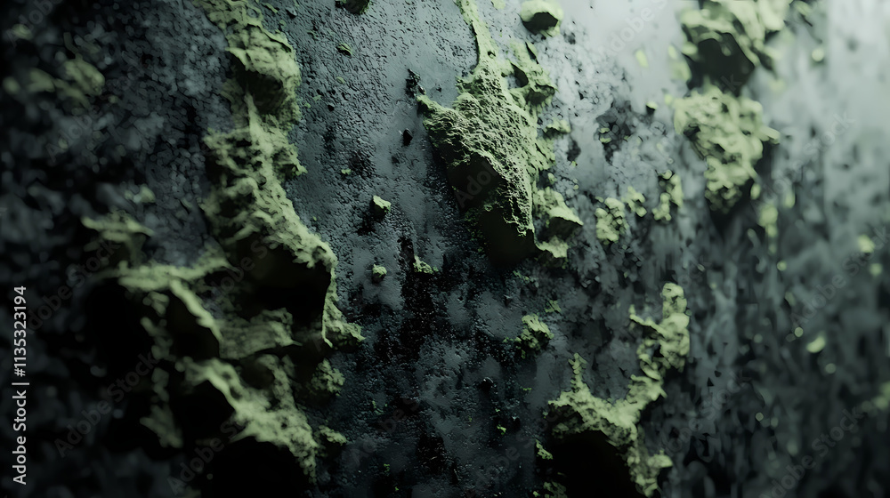 A close-up shot of a gray wall covered in a thick layer of slimy green substance, resembling mold or mildew, mildew, overgrowth, decay. Overgrowth. Illustration A close-up shot of a gray wall covered in a thick layer of slimy green substance, resembling mold or mildew, mildew, overgrowth, decay. Overgrowth. Illustration