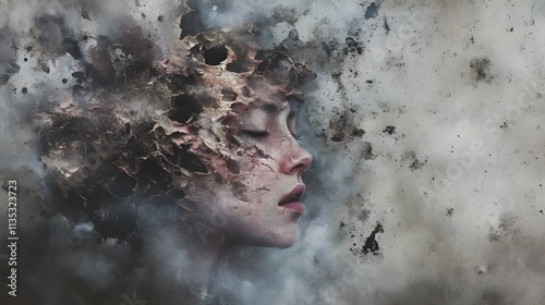 A surreal portrait of a woman with fragmented features, blending reality and abstraction. photo