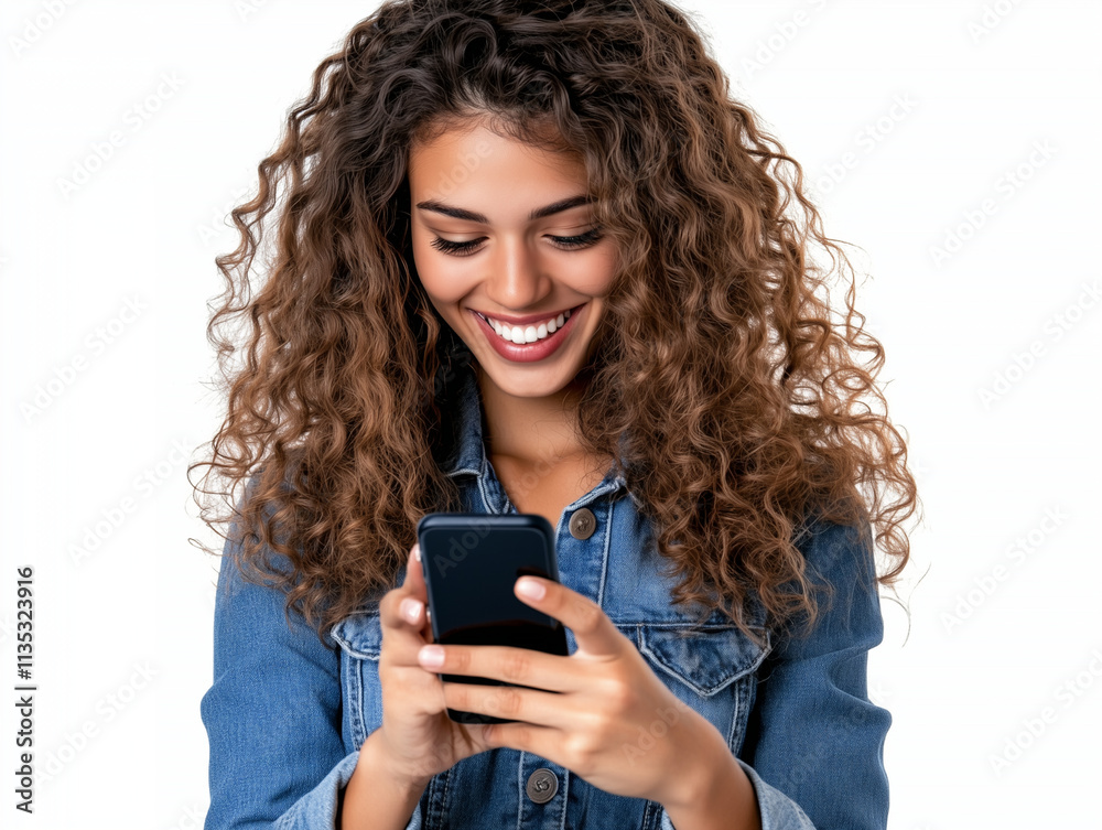 Smiling Young Woman with Curly Hair Holding a Smartphone in Casual Shirt
Smiling Young Woman with Curly Hair Holding a Smartphone in Casual Shirt