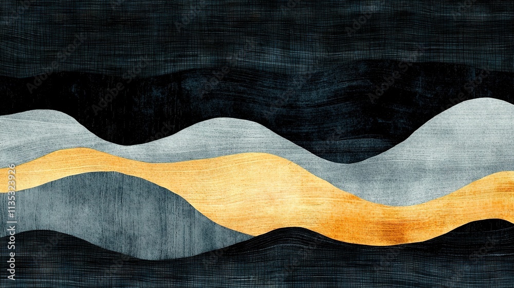 A painting depicts a yellow-gray wave against a dark backdrop, featuring a yellow stripe at its base A painting depicts a yellow-gray wave against a dark backdrop, featuring a yellow stripe at its base