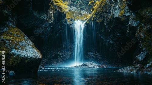 Serene waterfall cascading into a dark pool.