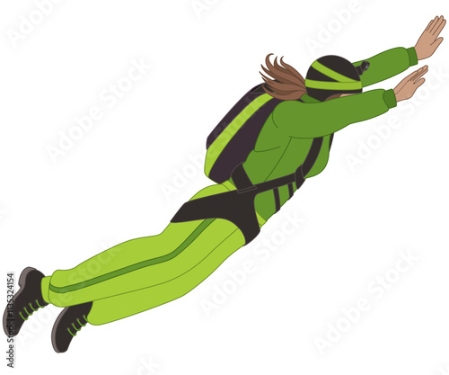 BASE jumping, aerial view of a female BASE jumper free-falling isolated on a white background