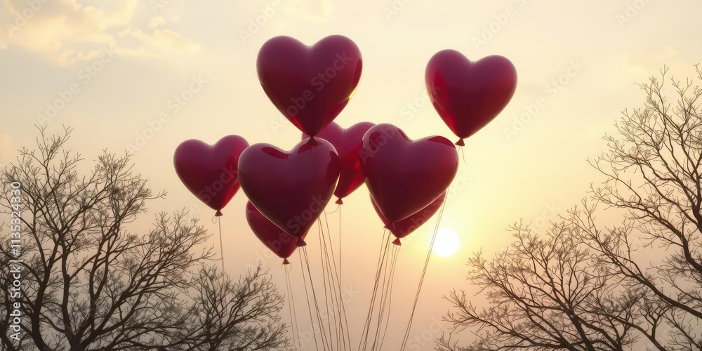 Fototapeta premium Heart-shaped balloons floating against a sunset, intimacy,heart