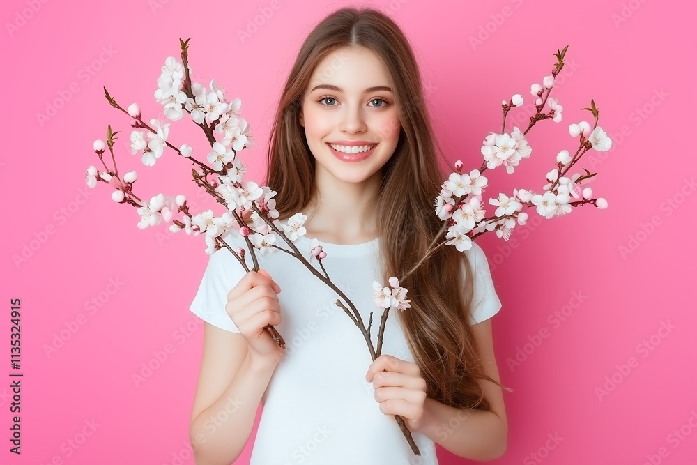 Fototapeta premium Cheerful young woman holding flower branches against pink background portrait photography lifestyle