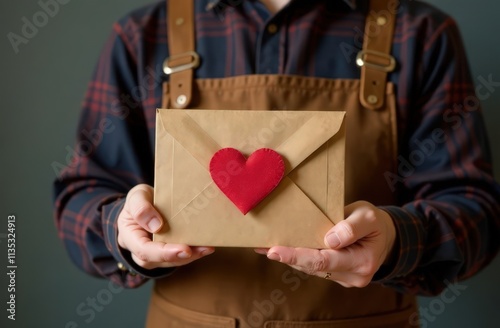close-up, on the right there is space for text, a male postman holds a craft envelope with a picture of a heart, without inscriptions