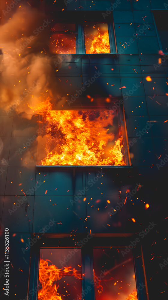 Fototapeta premium Un immeuble en feu avec des flammes sortant des fenêtres.
